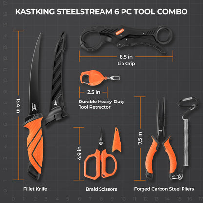 Drift Fishing Shop KastKing SteelStream 6pc Fishing Tool Kit – Corrosion-Resistant Pliers, Knife, Gripper & More