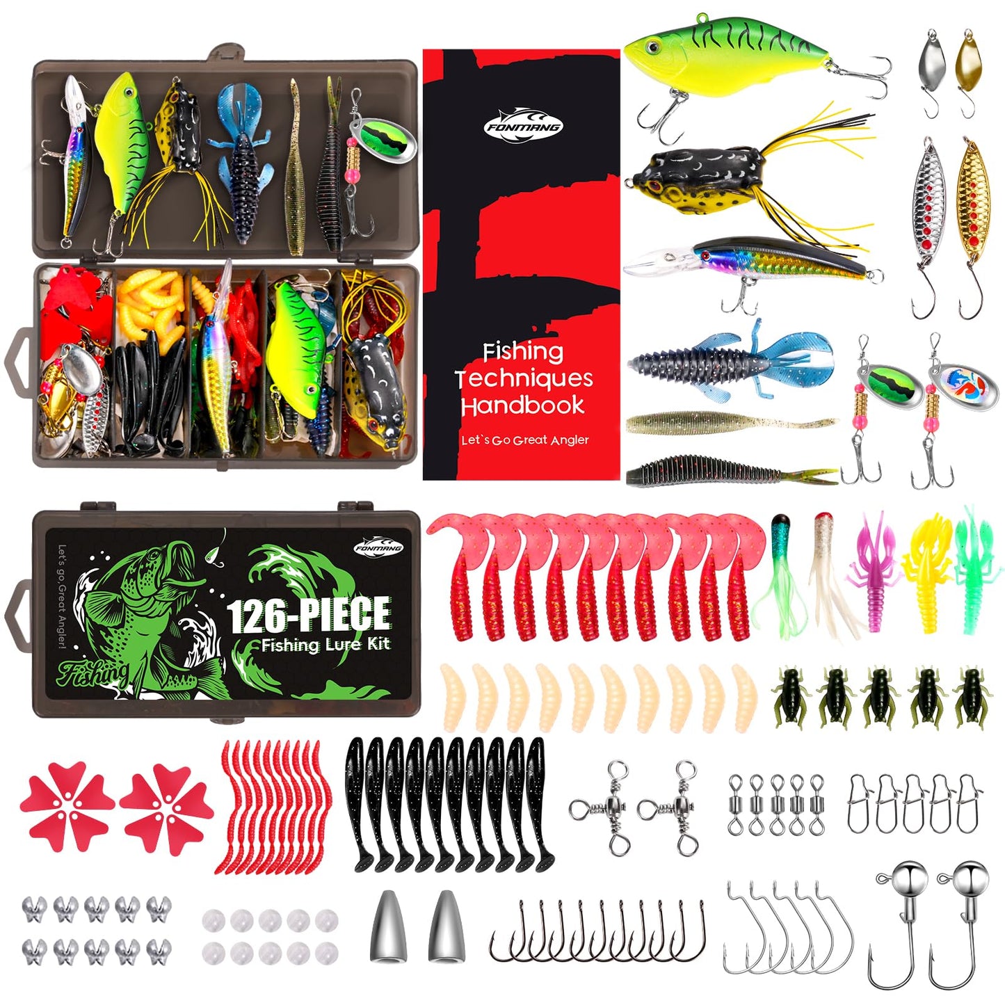 Drift Fishing Shop FONMANG 126Pcs Fishing Lures Kit – Tackle Box with VIBs, Frogs, Minnows, Soft Baits, Hooks & More for Bass, Walleye & Trout